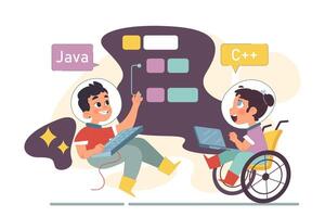 Computer science class for kids. Diverse children programming vector