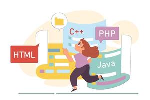 Little girl programming and coding. Computer science education for kids vector