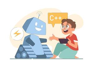 Children robotics educational course at school. Little boy learning vector