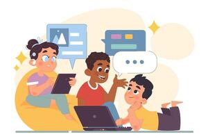 Computer science class for kids. Diverse children programming vector