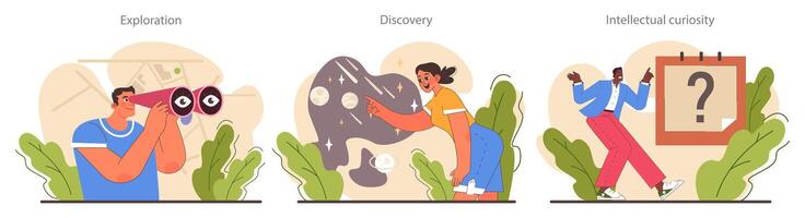 Curiosity set. Inquisitiveness and openness to new ideas and concepts. vector