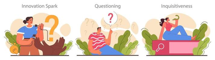 Curiosity set. Inquisitiveness and openness to new ideas and concepts. vector