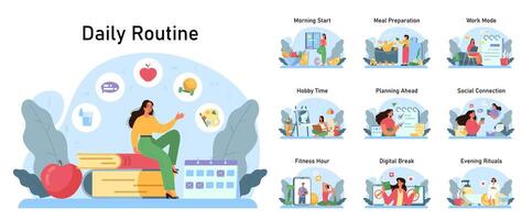Female character daily routine and schedule. Active and healthy lifestyle vector