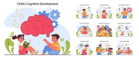 Child cognitive development set. Process of kids intelligence, creativity vector