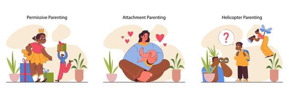 Parenting styles set. Different children raising methods. Authoritative vector