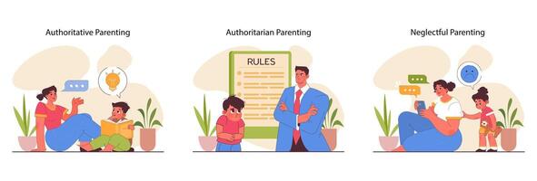 Parenting styles set. Different children raising methods. Authoritative vector