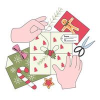Festive tradition, hands wrapping presents with colorful paper and cards. vector