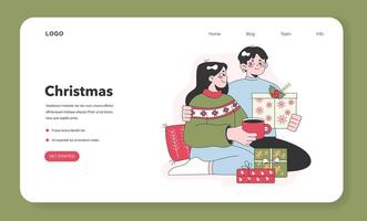 Characters celebrate christmas and new year web banner or landing page vector