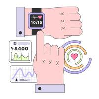 Health tracker smart watch. Character using electronic gadget to monitor vector