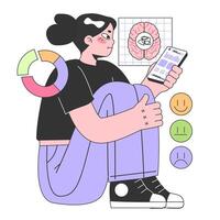 Mental health tracker. Character using electronic gadget to monitor vector