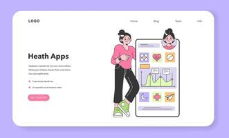 Health tracker application web banner or landing page. Female vector