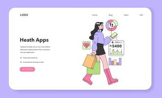 Health tracker application web banner or landing page. Female vector