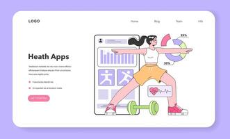 Health tracker application web banner or landing page. Female vector