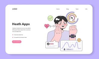 Health tracker smart watch web banner or landing page. Character vector