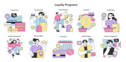 Loyalty program set. Rewards, offers, cashback and card points. vector