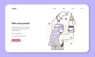 Mature character drinking alcohol web banner or landing page. vector