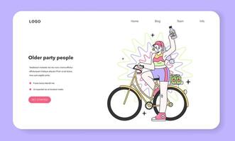 Mature character riding a bicycle web banner or landing page. vector