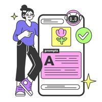 Young female prompt-engineer writing a prompt to a artificial neuron vector