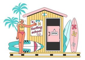 Surfing school. Character in a swimsuit spending time on the beach vector