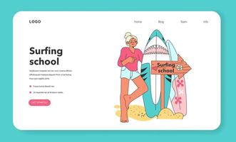 Surfing school. Character in a swimsuit spending time on the beach vector