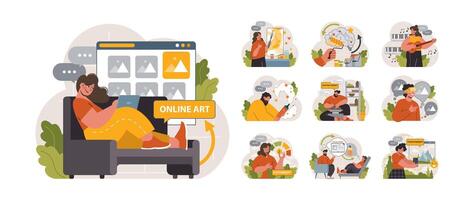 Art therapy set. Character developing a creativity. Self-expression idea. vector