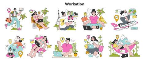 Workcation set. Chatacter working away from the office. Digital nomad vector