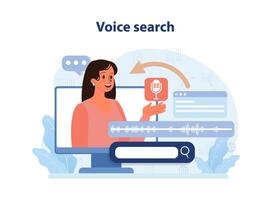 Voice search. Artificial intelligence virtual assistant. Character speaking vector