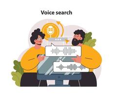 Voice search. Artificial intelligence virtual assistant. Character speaking vector