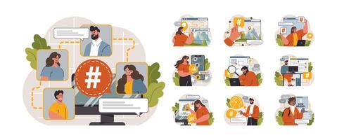 Hashtag set. Character using digital device for sending posts and sharing vector