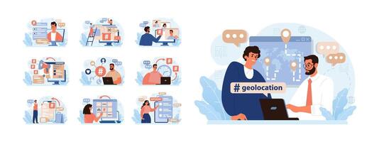 Hashtag set. Character using digital device for sending posts and sharing vector