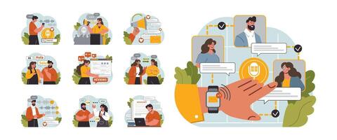Verbal communication set. Public speaking, talking through a digital vector