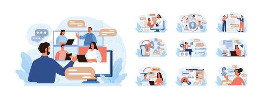 Verbal communication set. Public speaking, talking through a digital vector