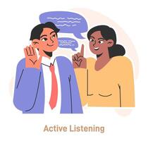 Conflict management skill. Character with active listening skill. Effective vector