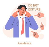 Conflict management. Character with conflict avoidance tactic. Person vector