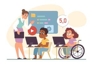 Computer science class for kids. Diverse children programming vector