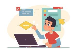 Little boy programming and coding. Computer science education vector
