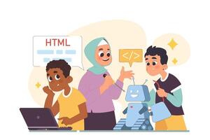 Diverse children programming. Computer science, AI, game technologies vector