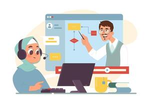 Computer science online class for kids. Little girl in hijab programming vector