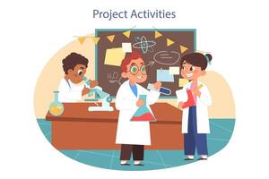 School project. Kids at the desk developing a science project in a classroom vector