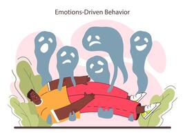 Emotions-driven behavior. Confused black character expressing vector