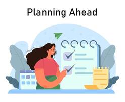Daily routine. Female character planning or checking task, appointment vector