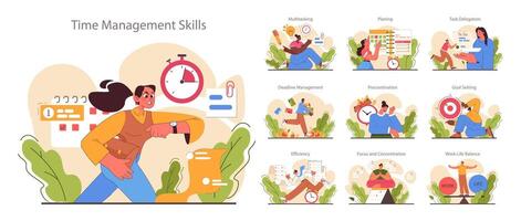Time management skills set. Character with self-discipline. Planning vector