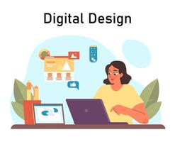 Web or digital designer. Female character works on website or software vector