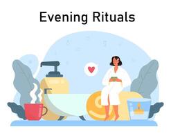Female character evening bedtime routine. Happy woman relaxing at home vector