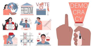 Democracy set. Political system, liberty and voting principle. Rule of law vector