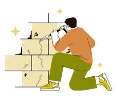 Retrofit movement. Character doing a home renovation. Old house vector