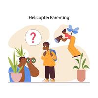 Helicopter parenting. Children raising method with strictly involved vector