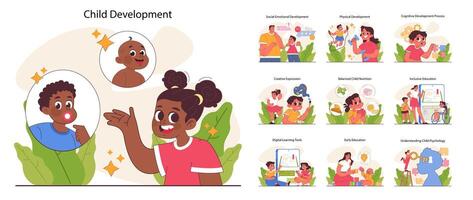 Child development set. Cognitive, physical and emotional skills. Positive vector