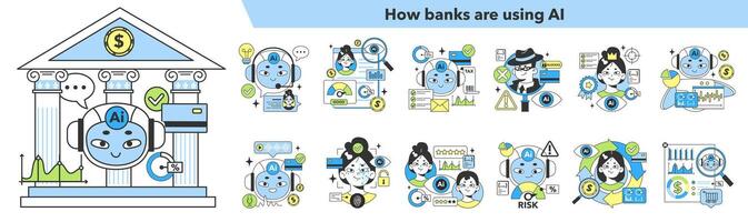 Banking industry automatization with artificial intelligence set. Fintech vector