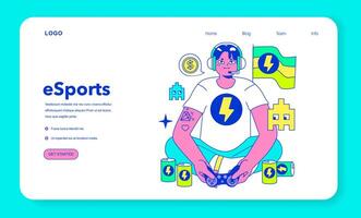 E-sports player web banner or landing page. Character playing games vector